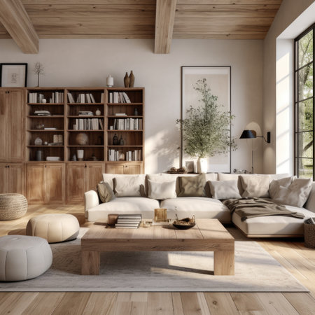 Interior design of cute modern living room with rustic furniture in farmhouseの素材