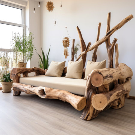 Luxury rustic handmade loveseat sofa in cute room with abstract wooden tree decorative column. Interior design of modern living roomの素材