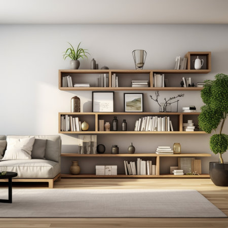 Minimalist interior design of cute modern living room with shelving unitの素材