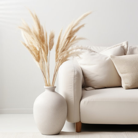 Pampas grass in cute decorative ceramic vase on table near gray sofa and white wall. Interior design of modern living room. Background with space for textの素材