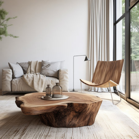 Natural wooden slab round coffee table and chair near it. Interior design of cute modern living roomの素材