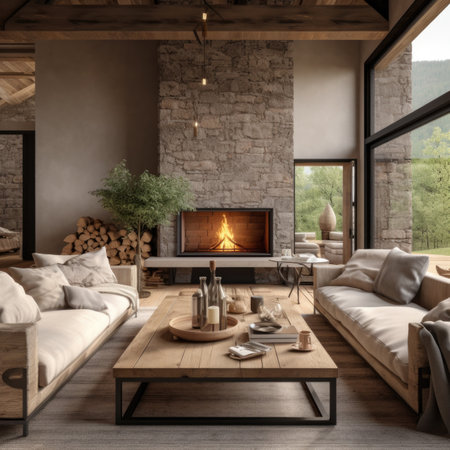 Rustic coffee table between two beige sofas. Rustic interior design of cute modern living room with fireplace in farmhouseの素材