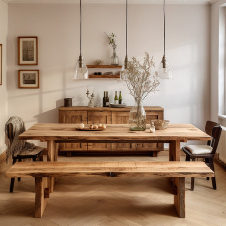 Rustic dining table and wooden bench. Interior design of modern dining room in cute country houseの素材