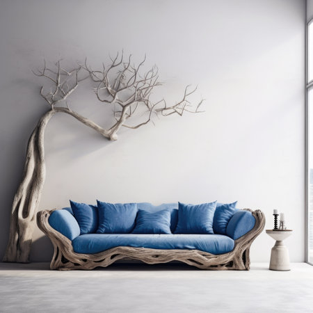 Rustic blue sofa near white wall with decorative wood tree root frame. Interior design of cute modern living roomの素材