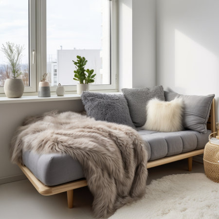 Scandinavian, hygge home interior design of cute modern living room. Gray sofa with different pillows and daybed with fur plaid near windowの素材