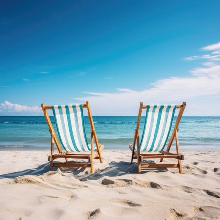 Two beach chairs on cute sea shore near water under blue clear sky. Stunning seascape background, summer vacation conceptの素材