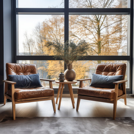 Two leather mid-century armchairs and cute wooden coffee table against of window. Interior design of modern living roomの素材