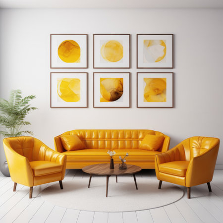 Vibrant yellow sofa and armchairs in cute room with white wall. Art deco interior design of modern living roomの素材