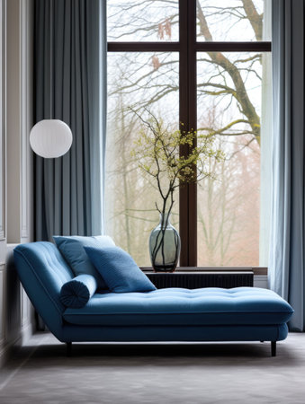 Blue chaise lounge sofa against window. Interior design of cute modern living roomの素材