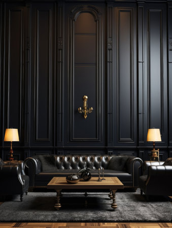 Black leather tufted sofa near dark paneling wall. Interior design of cute modern living roomの素材