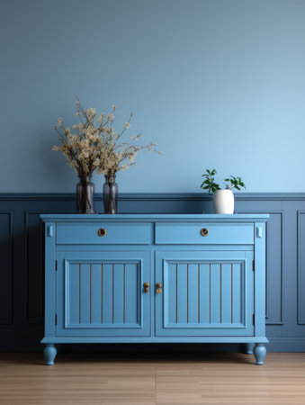 Blue painted wood retro cabinet near wainscoting wall. Vintage classic home interior design of cute living room with antique furnitureの素材