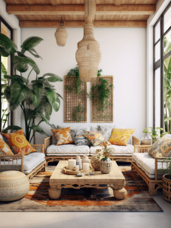 Boho interior design of cute modern living room with rustic furnitureの素材