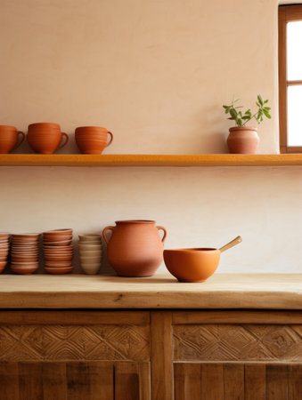 Clay plate and bowls on kitchen countertop and shelf with pottery above it. Cute background of interior design of kitchenの素材