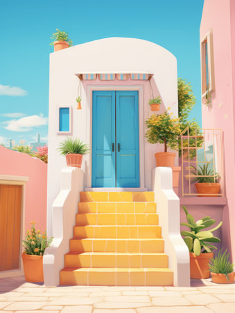 Colorful cute vivid house with door and stairs on sunny day. Summer minimalist architecture backgroundの素材