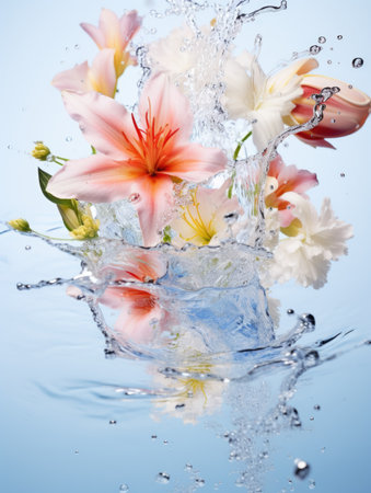 Colorful flowers on water with splashes and cute drops backdrop. Floral decoration. Natural floral white background with copy space for textの素材
