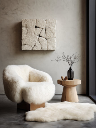 Fur armchair and cute stump end table near stucco wall. Interior design of modern living roomの素材