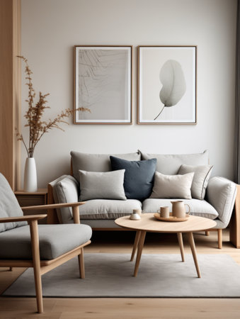 Gray sofa and cute armchair near wooden coffee table in cozy apartment. Interior design of modern scandinavian living roomの素材