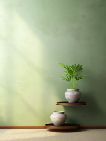 Interior background of cute room with empty green stucco wall and plant standの素材