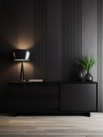 Interior of cute modern living room with sideboard over wooden paneling wall. Contemporary room with dresser. Home design with black wallの素材