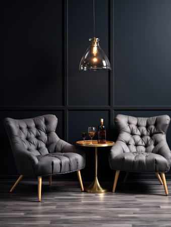 Interior of living room with armchairs and cute coffee table, black floor lamp over dark wall. Wine glass on the table and heels on the floorの素材
