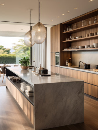 Modern luxury interior design of cute kitchen with marble island and wooden cabinetsの素材