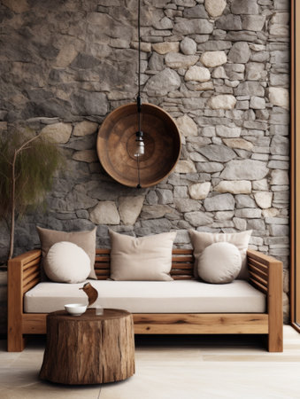 Rustic wooden sofa against cute white wall with stone or stucco decorative round shape. Interior design of modern living roomの素材