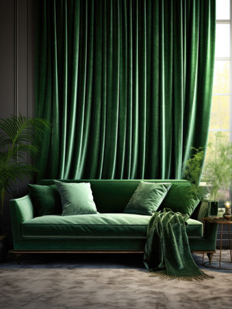 Stylish green velvet sofa in cute room with green and white curtainsの素材