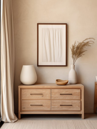 Wooden vintage dresser and two frames on cute beige stucco wall. Interior design of modern living room with curtainの素材