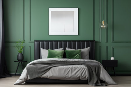 Bed with green bedding near white wall with black wainscoting and poster. Interior design of cute modern bedroomの素材