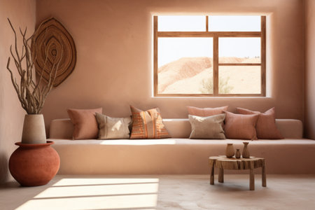 Boho minimalist home interior design of cute modern living room. Beige sofa with terra cotta cushions against windowの素材