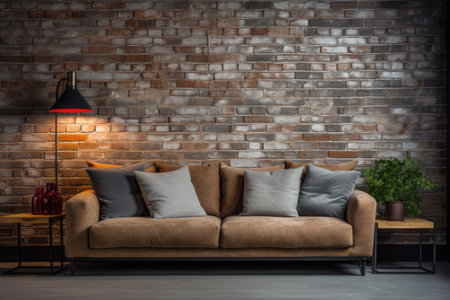 Comfortable sofa against grunge brick wall with copy space. Loft style interior design of cute modern living roomの素材