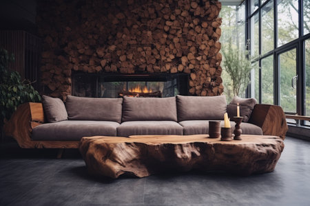 Handmade unique rustic sofa made from solid wooden tree trunk. Interior design of cute modern living roomの素材