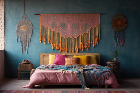 Moroccan, eclectic bedroom with macrame wall hanging. Interior design of cute modern bedroom with colorful patterned textileの素材