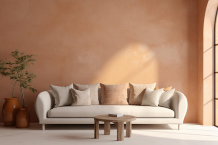 Loft home interior design of cute modern living room. beige sofa with terra cotta pillows against arched window near stucco wallの素材