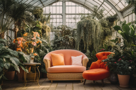Orange sofa and pink chair in greenhouse. Scandinavian home interior design of cute modern living room with many houseplants.の素材