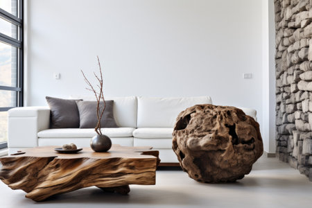 Rustic root ball coffee table near white sofa against white wall with decorative stone paneling. Minimalist style interior designの素材