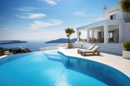 Traditional mediterranean cute white house with pool on hill with stunning sea view. summer vacation backgroundの素材