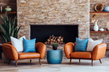 Terra cotta armchairs near white cute sofa with blue cushions in room with fireplace. Mid-century style home interior design of room in houseの素材