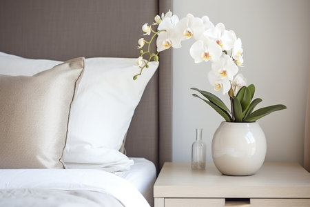 Vase with orchids on bedside table near bed with beige bedding. Art deco style interior design of cute modern bedroomの素材