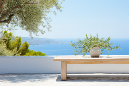 Wooden bench on summer white stone terrace and olive tree. Stunning sea view background, cute summer vacation conceptの素材