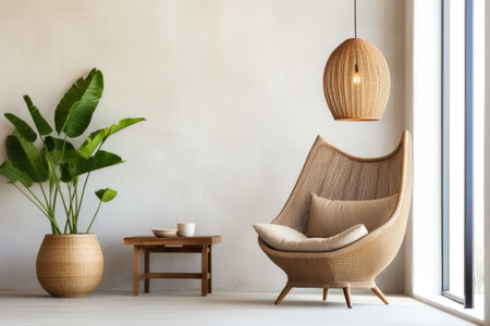 Wooden wingback chair and big wicker pendant light against window and beige stucco wall. Interior design of cute modern living roomの素材