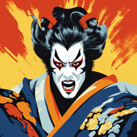 Kabuki theater. The illustration shows a kabuki theater actor in impressive makeup and costume. His vivid facial expressions and lively movements convey drama and emoの素材