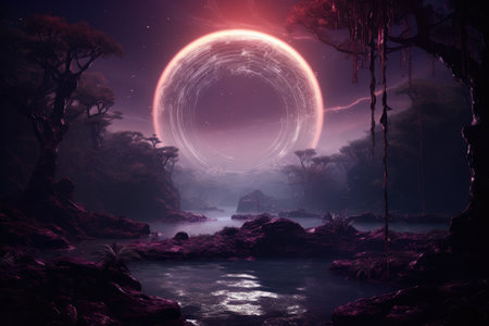 An alien landscape with purple hues and a giant circleの素材