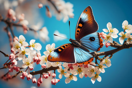 A bright blue butterfly against a background of a blue sky and a branch of a blooming cherry treeの素材
