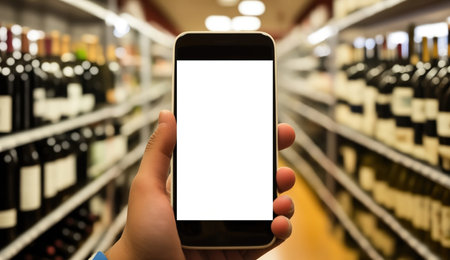 A hand with a screen without a background of a smartphone on the background of the wine departmentの素材