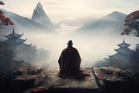 A monk in the fog meditates in front of a Chinese temple against the background of misty mountainsの素材