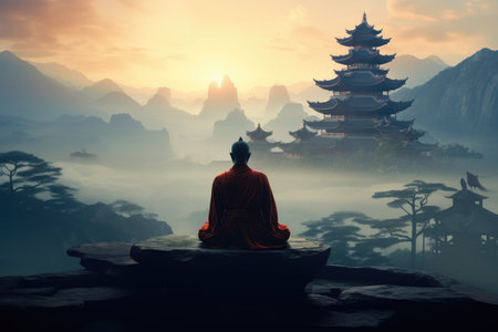 A monk meditates on a rock in front of a Chinese temple, misty mountains in the backgroundの素材