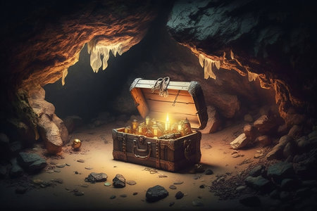A pirate treasure chest in an unknown caveの素材
