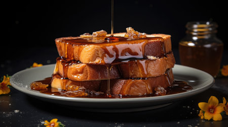 A plate of French toast covered in syrupの素材
