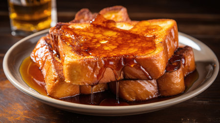 A plate of French toast covered in syrupの素材